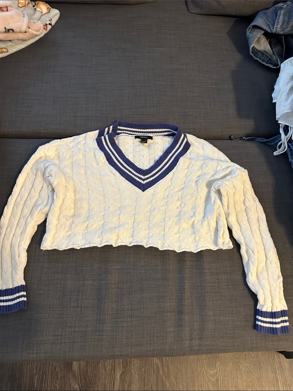 Forever 21 Cream Cropped Cable V-Neck Sweater with Blue Stripe Trim